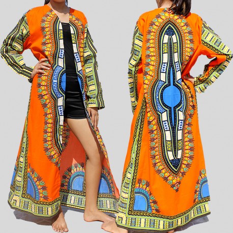 Long orange Dashiki kimono for women