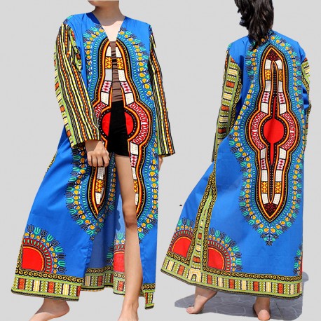 Kimono long Dashiki bleu pour femme