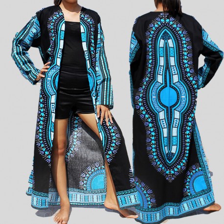 Long black and blue Dashiki kimono for women