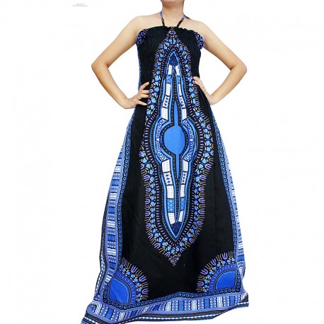 Robe longue Dashiki bleu et noir