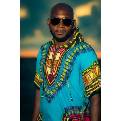 T shirt Dashiki bleu à capuche