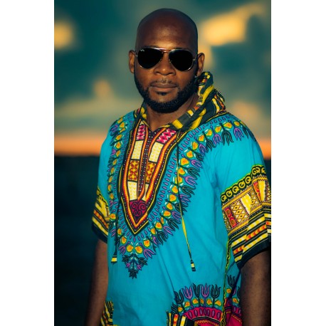 T shirt Dashiki bleu à capuche